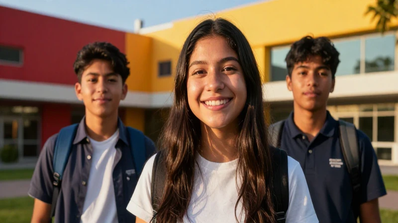 Joven mexicano sonriente en campus moderno y vibrante