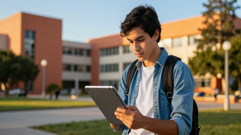 Estudiante mexicano estudiando en el campus con luz dorada