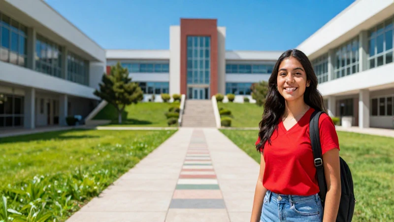 Estudiante sonríe en campus, simbolizando progreso