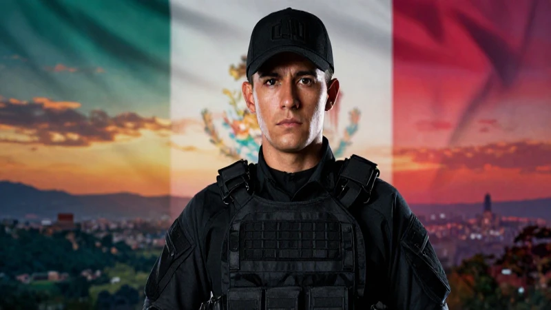Joven mexicano en uniforme táctico mira el paisaje