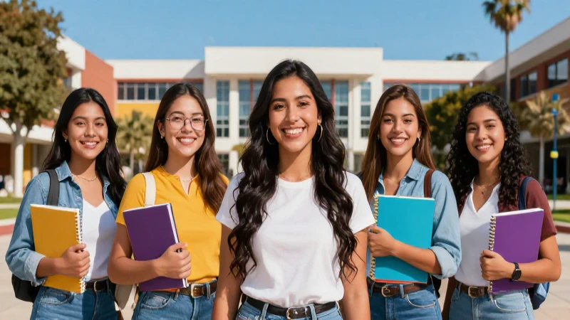 Joven mexicana sonriendo en campus universitario moderno