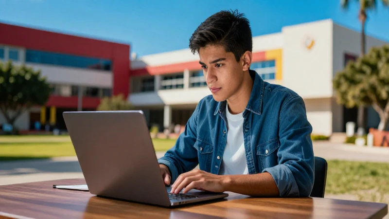 Estudiante mexicano universitario confiado en campus moderno