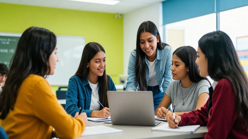 Jóvenes mexicanos en campus moderno e iluminado