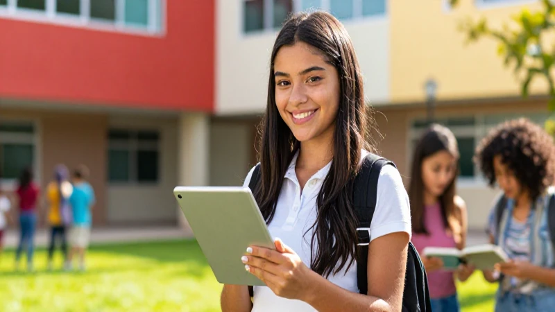 Estudiante mexicana sonriente usa tablet en campus