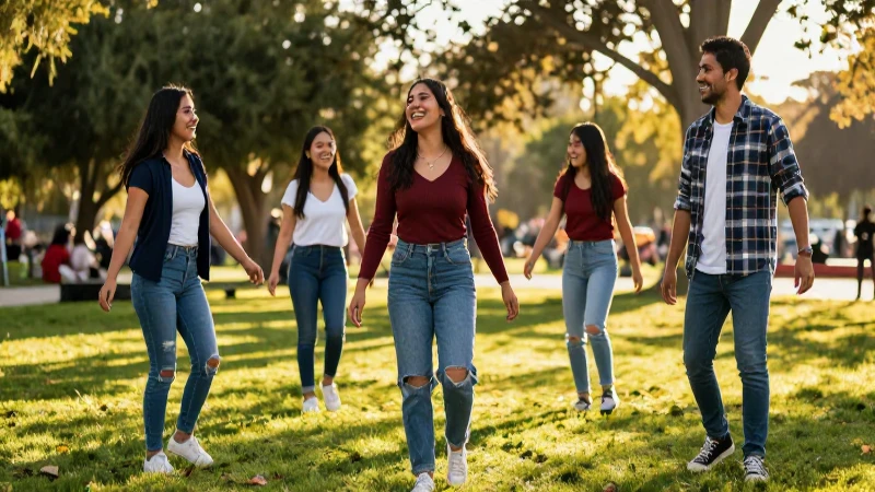 Jóvenes mexicanos sonriendo en un parque vibrante