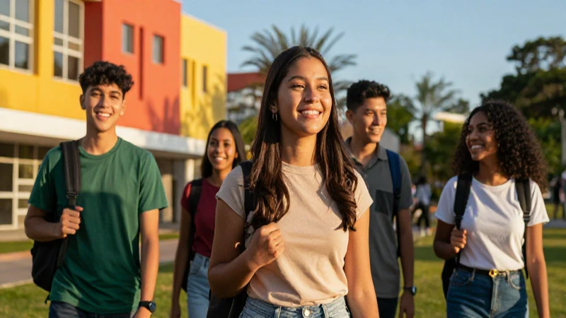 Estudiantes mexicanos sonriendo en un vibrante campus universitario