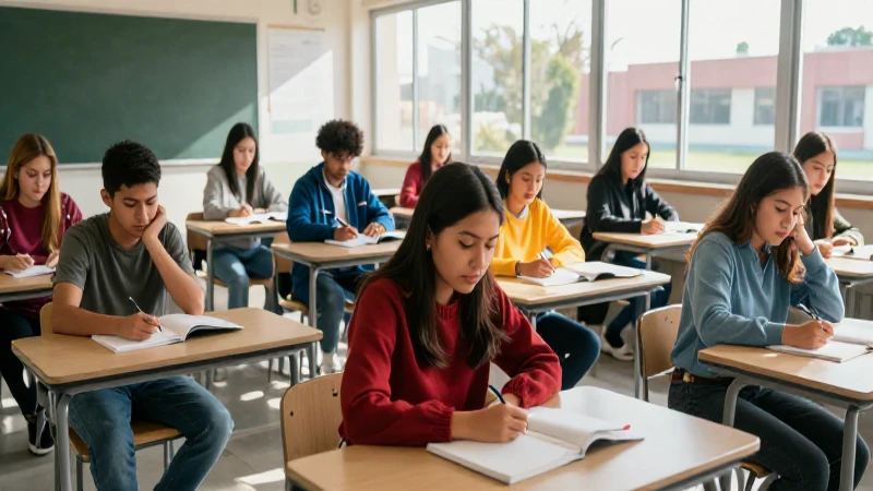 Estudiante mexicano en aula moderna, ambiente vibrante y detallado