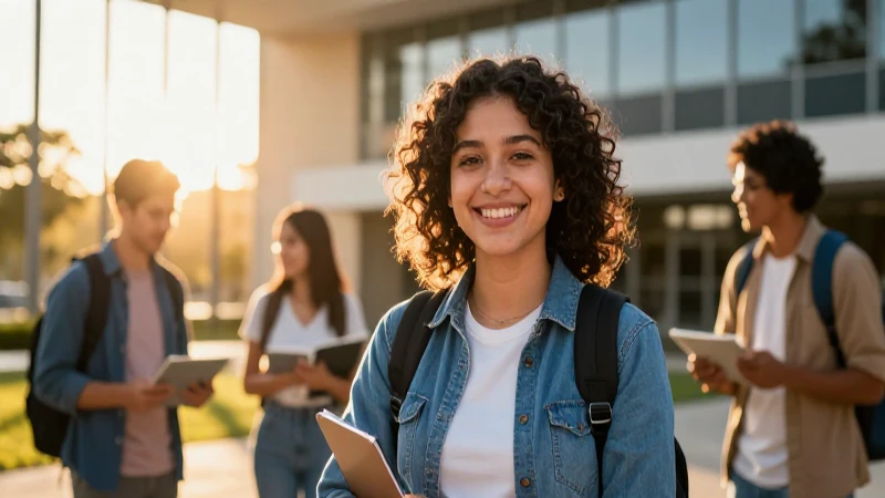 Estudiante sonriente de México en campus moderno