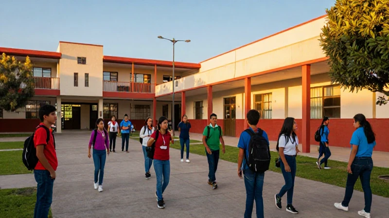 Estudiantes mexicanos en campus moderno con luz dorada