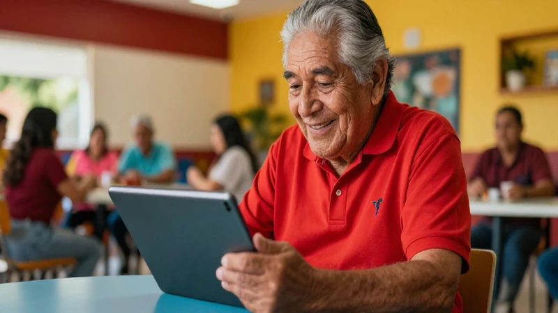 Senior mexicano aprende sonriendo con tablet