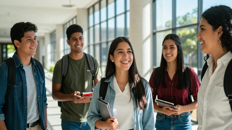 Estudiantes mexicanos sonríen en modernidad académica brillante