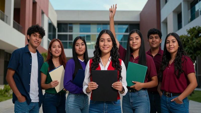 Estudiantes mexicanos celebrando éxitos académicos en un campus moderno