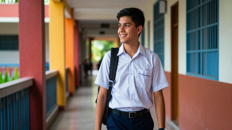 Joven mexicana sonríe en pasillo escolar