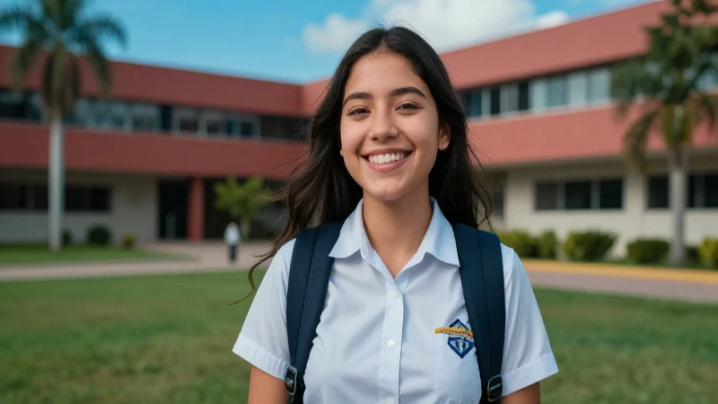 Estudiante mexicano sonriendo en campus universitario vibrante