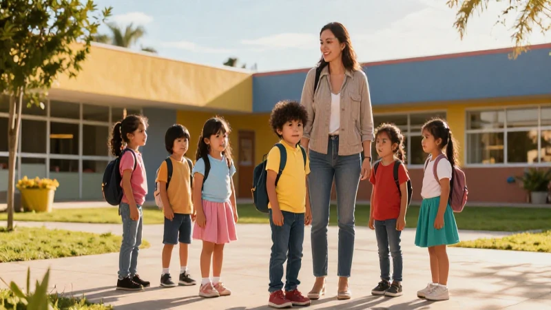 Ilustración detallada de niños y adultos en escuela