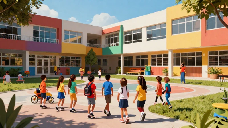 Niños mexicanos en campus moderno con luz cinematográfica