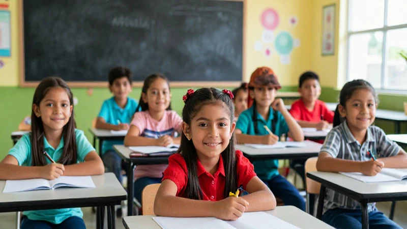 Niños mexicanos sonriendo en un aula moderna
