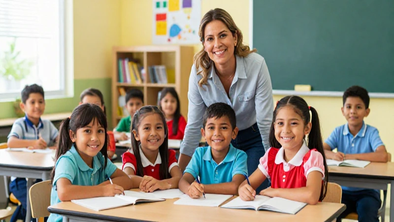 Niños mexicanos sonriendo con su maestra