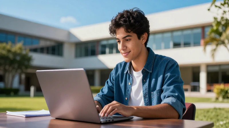 Joven mexicano estudiando en campus moderno y vibrante