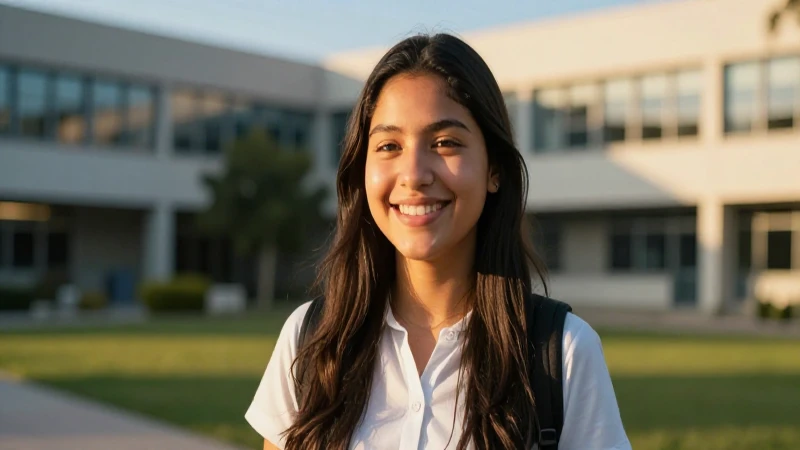 Estudiante sonriente en campus universitario al atardecer