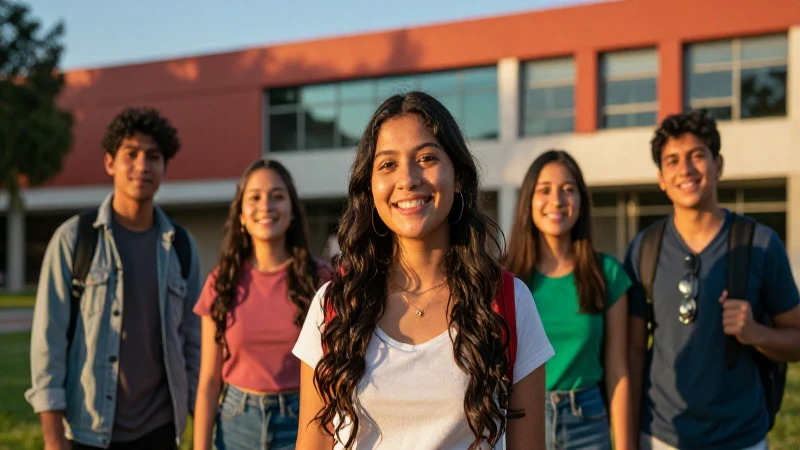 Estudiante sonriente en campus universitario moderno