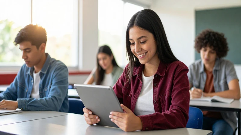 Estudiante mexicano sonriendo con tablet en aula moderna
