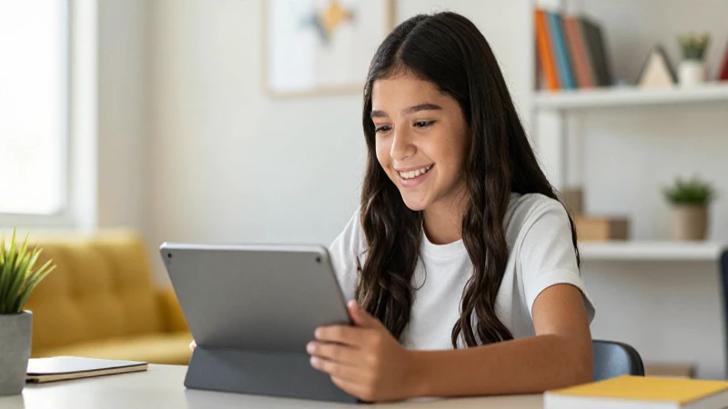 Estudiante mexicano sonríe estudiando en tablet