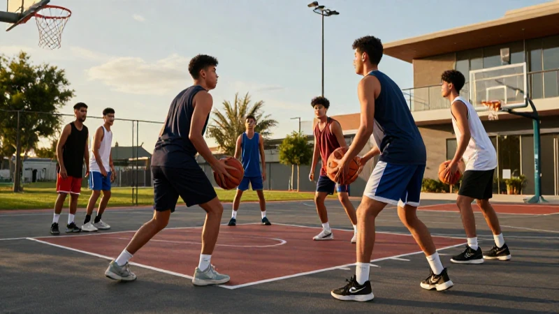 Baloncesto mexicano vibrante al atardecer