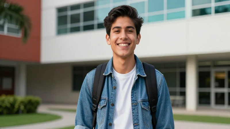 Joven mexicano optimista en campus vibrante