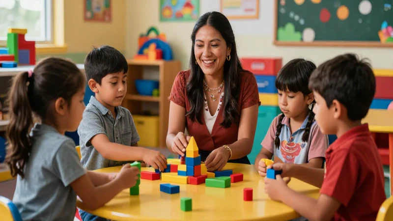 Maestra alegre juega con niños en aula vibrante