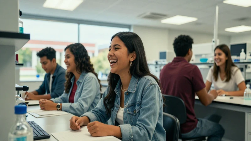 Estudiantes mexicanos felices en laboratorio moderno