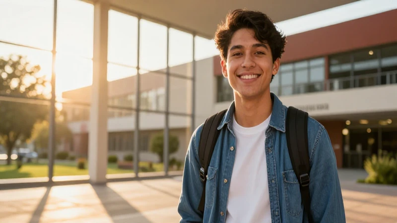 Estudiante sonriente en campus vibrante y soleado