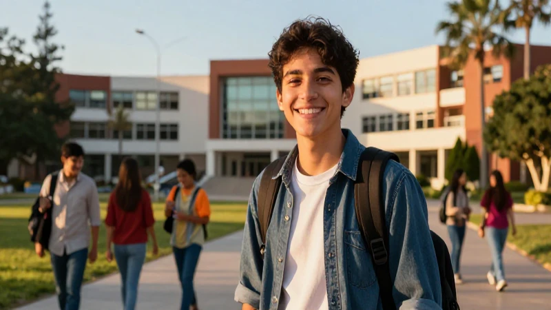 Estudiante sonriente en campus universitario moderno