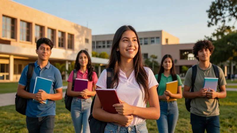 Estudiante mexicano en campus, éxito y luz dorada