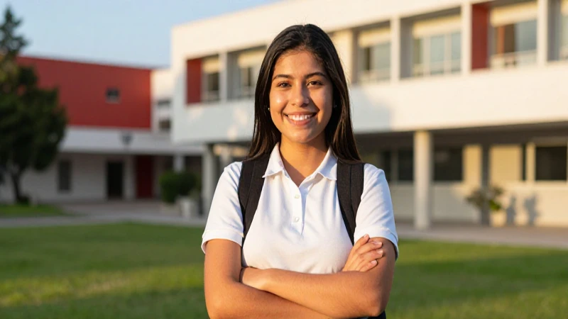 Joven mexicano sonríe en campus moderno y luminoso