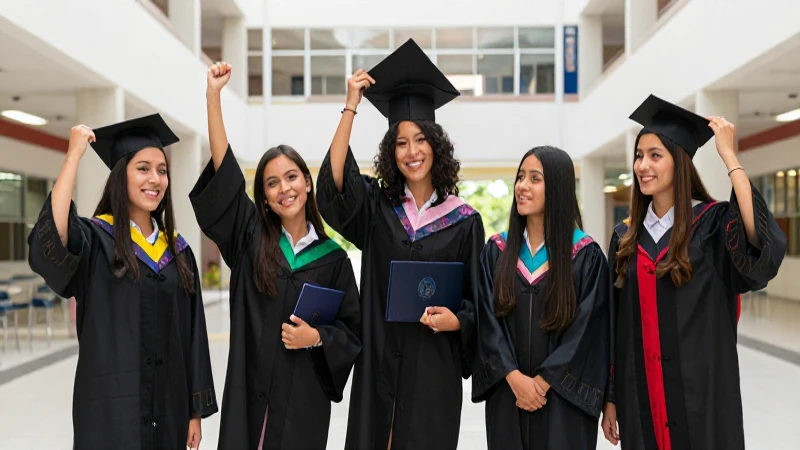 Estudiantes mexicanos celebrando logros en moderno campus