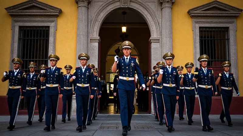 Guardias mexicanas marchando ante entrada colonial