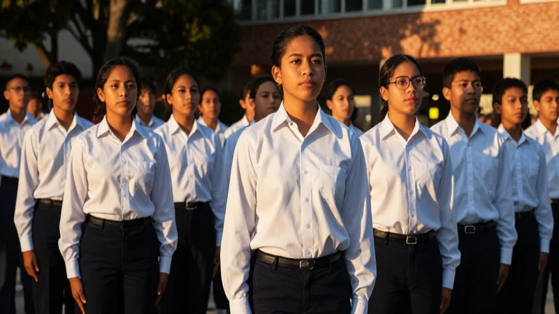 Estudiantes mexicanos en formación militar bajo luz dorada