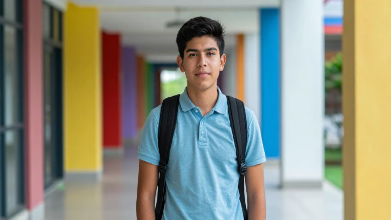 Estudiante mexicano en pasillo, luz cinematográfica
