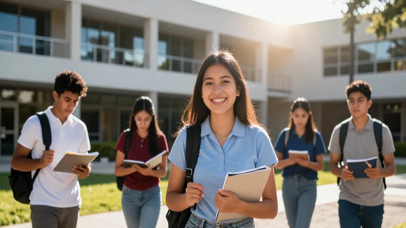 Estudiantes mexicanos en campus iluminado por oportunidad