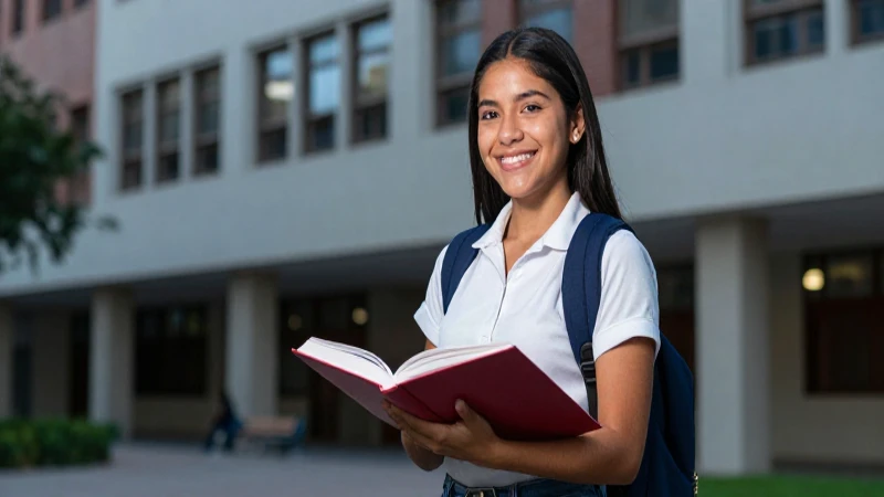 Estudiante mexicana sonriente y determinada en campus moderno