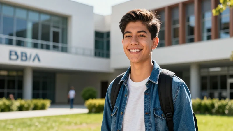 Estudiante mexicano sonriente en campus moderno de BBVA