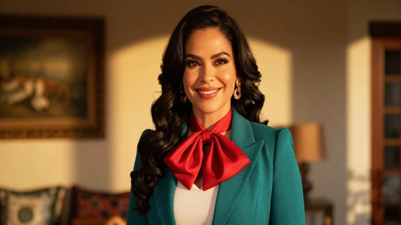 Mujer elegante sonríendo en casa con luz dorada