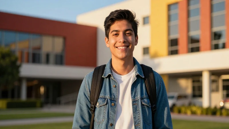 Joven mexicano sonríe en campus moderno