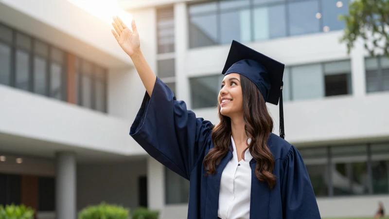 Joven graduado mexicano exitoso en campus moderno