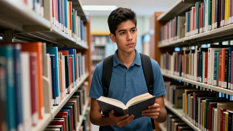 Estudiante mexicano en biblioteca universitaria moderna