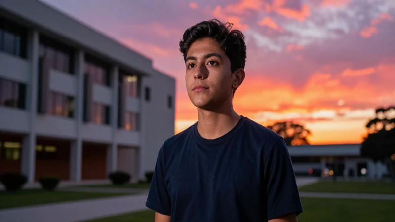 Joven estudiante mexicano en campus al atardecer