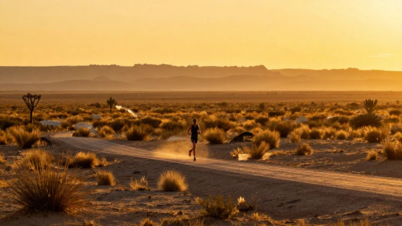 Corredor de larga distancia en vasto desierto mexicano al atardecer