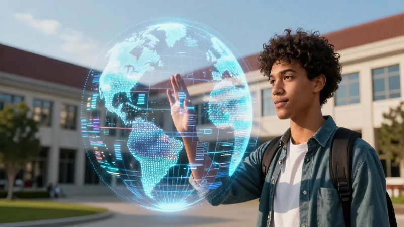 Estudiante observa un globo digital de datos financieros