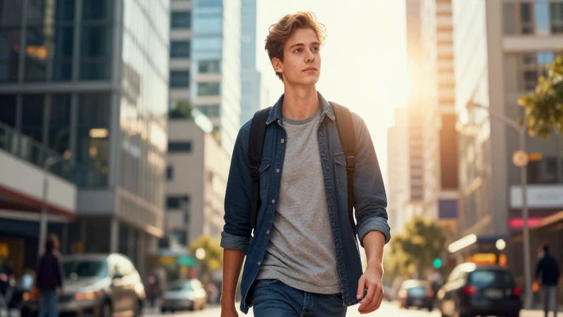Estudiante audaz en ciudad dorada